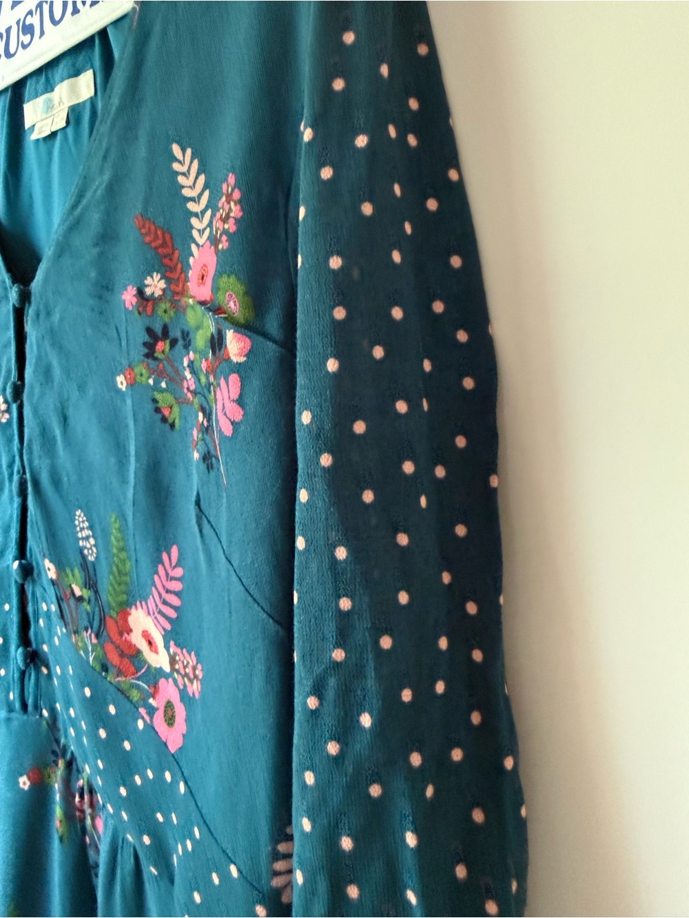 Boden Teal Floral Button-Front Long-Sleeve Mini Dress with Pink Accents - Picture 4 of 8